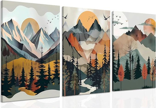 Mountain Canvas Wall Art Set of 3, Boho Sun Forest Abstract Nature Landscape Artwork Wall Decor, Watercolor Posters Prints Painting Picture Artwork for Living Room Bedroom Office 12 x16 In Framed