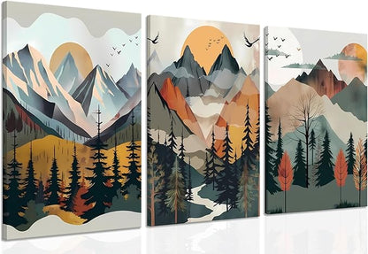 Mountain Canvas Wall Art Set of 3, Boho Sun Forest Abstract Nature Landscape Artwork Wall Decor, Watercolor Posters Prints Painting Picture Artwork for Living Room Bedroom Office 16x24 In Framed
