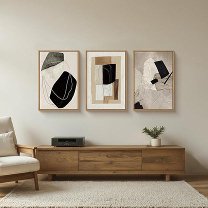 Abstract Modern Geometric Framed Canvas Wall Art Set,Neutral Tone Beige Black Brown Wall Decor,Minimalist Textured Line Shape Artwork for Living Room, Bedroom,Farmhouse-24 x36 x3