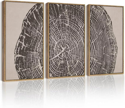 PHOPAGO Farmhouse Vintage Framed Wall Art Large 16x24in Set Gray Wood Tree Ring Spirals Nature Abstract Drawings Rustic Modern Art Decor for Living Room Bedroom - Natural Framed