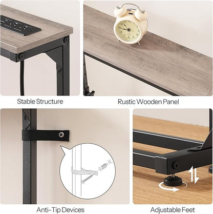 HOOBRO Narrow Console Table with Charging Station, Adjustable Height Sofa Table (25''-32.9''), Slim Behind Couch Table for Small Spaces, Entryway, Living Room, 39.4" Greige BG95UXG01