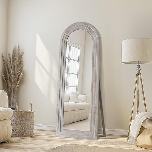 MELOMOIR Arched Full Length Mirror with Solid Wood Frame, 56"x21" Rustic Farmhouse Floor Mirror with Stand, Free Standing Leaning Hanging, for Bedroom Living Room Dressing Room, Distressed White