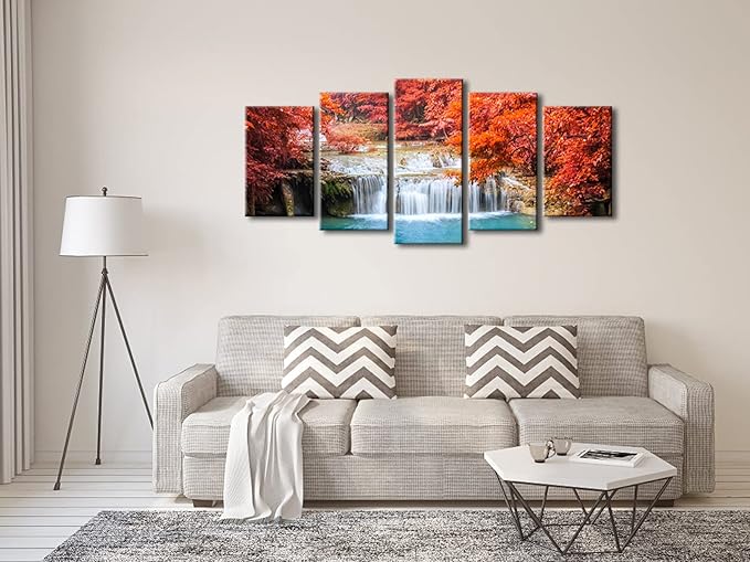 Pyradecor Red Forest Waterfalls Canvas Prints Wall Art Tree Pictures Paintings for Living Room Bedroom Home Decorations Modern 5 Panels Stretched Pretty Landscape Artwork