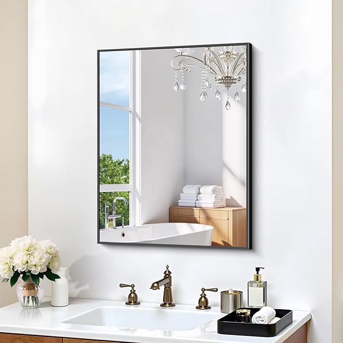 KOCUUY Black Bathroom Mirror, 18x24 Inch Rectangle Mirror for Over Sink, Modern Decorative Wall Mirror for Bedroom Living Room Bathroom, Hang Horizontal/Vertical