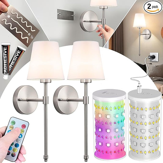 Vimhou Peel and Stick Wall Sconces, Stick On Wall Sconce Set of 2, Battery Operated Wireless Wall Light, No Drill Adhesive Wall Lamp, Corn Bulb with 10000mAh Rechargeable Battery, Bedroom Wall Decor