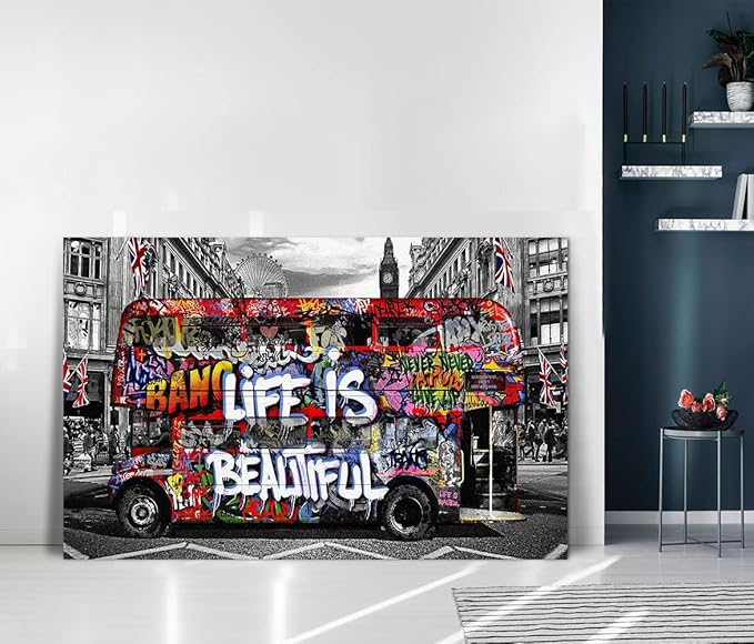 Graffiti Street Wall Art Banksy Painting Artwork Framed Life is Beautiful Wall Decor Canvas Prints Graffiti Picture for Living Room Office Bedroom Ready to Hang -44" Wx28 H
