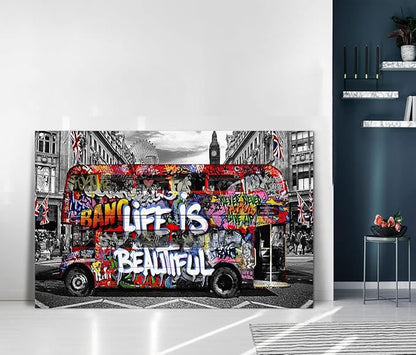 Graffiti Street Wall Art Banksy Painting Artwork Framed Life is Beautiful Wall Decor Canvas Prints Graffiti Picture for Living Room Office Bedroom Ready to Hang -44" Wx28 H