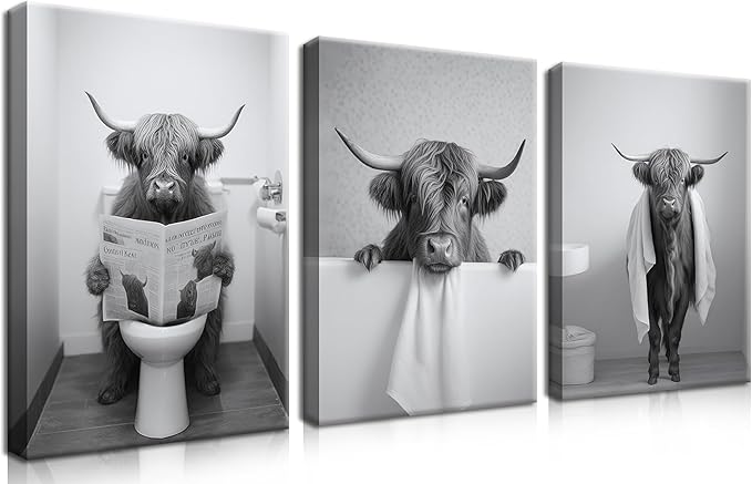 Funny Bathroom Highland Cow Wall Art, Black and White Cute Cow Animal Canvas Posters Prints Set of 3, Vintage Rustic Farmhouse Home Pictures Wall Decor Painting for Bathroom Restroom Framed 12x16 Inch