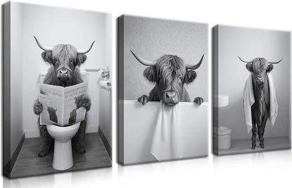 Funny Bathroom Highland Cow Wall Art, Black and White Cute Cow Animal Canvas Posters Prints Set of 3, Vintage Rustic Farmhouse Home Pictures Wall Decor Painting for Bathroom Restroom Framed 12x16 Inch