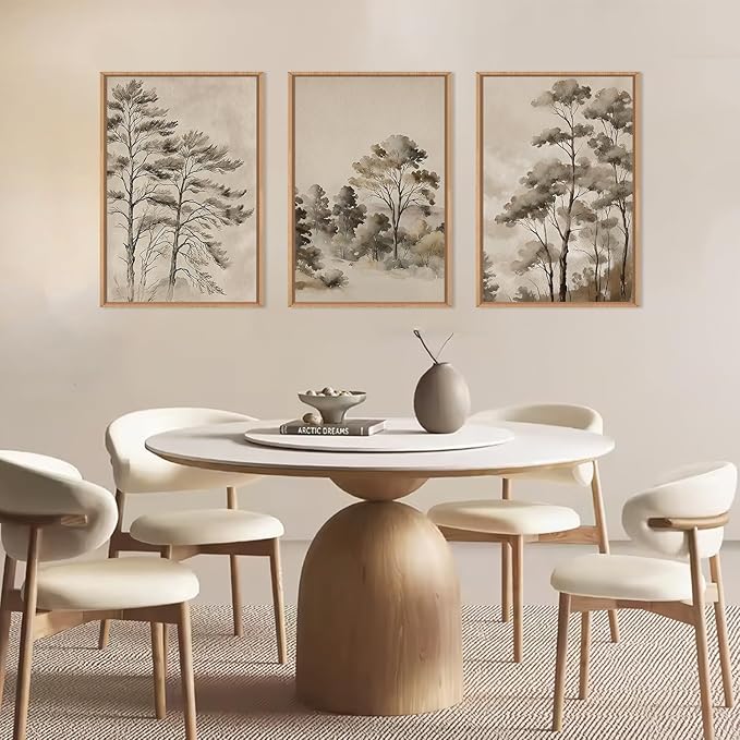 Vintage Sketch Trees Framed Canvas Wall Art Set,Watercolor Ink Nature Forest Landscape Wall Decor,Modern Birch Tree Branch Calm Painting for Living Room,Bedroom-24 x36 x3