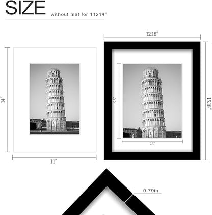 Wiscet 11x14 Picture Frame Set of 9, Display Pictures 8x10 with Mat or 11x14 without Mat, Photo Frame for Wall Mounting or Tabletop Display, Black.