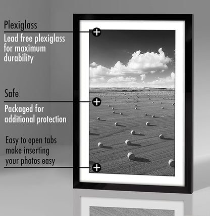 Americanflat 11x17 Picture Frame with Polished Plexiglass - Set of 5 - Use as 9x15 Frame with Mat or Display 11x17 Photo Without Mat - Galleria Collection - Picture Frames for Wall Display - Black