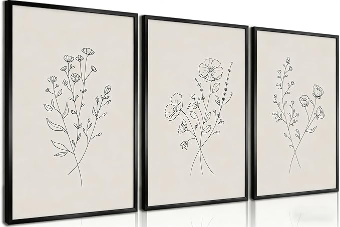 HLUSSBLIEB 3Pcs beige floral art，minimalist botanical line art，modern black and white wall art，Neutral Botanical Floral Wall Art，for Living Room Bedroom Office （12 * 16in） Unframed