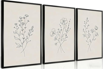 HLUSSBLIEB 3Pcs beige floral art，minimalist botanical line art，modern black and white wall art，Neutral Botanical Floral Wall Art，for Living Room Bedroom Office （12 * 16in） Unframed