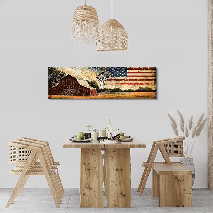 Farmhouse Barn Wall Art Vintage Western Wall Decor Country Windmill Pictures for Kitchen Living Room, Old Barn Landscape Canvas Painting America Flag Poster Prints Artwork Cabin Decoration 14x48”