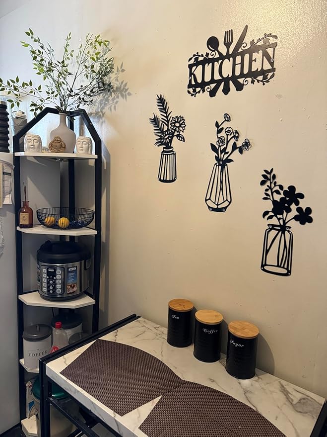 Qzmaikoo 3 Pieces Black Metal Flowers Wall Decor Vase Art Sculptures Hanging for Indoor Kitchen Bathroom Dining Room Patio, 14.56x7.48 Inches