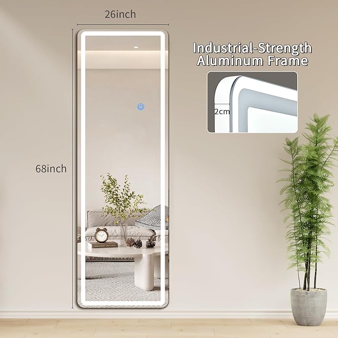 Koonmi Full Length Mirror with LED Lights, 68"x26" Lighted Mirror with Dimming & 3 Color Lighting, Big Mirror for Bedroom, Dressing Room, Rectangle,White