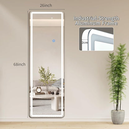 Koonmi Full Length Mirror with LED Lights, 68"x26" Lighted Mirror with Dimming & 3 Color Lighting, Big Mirror for Bedroom, Dressing Room, Rectangle,White