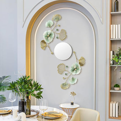 Tandefio 3 Pcs Metal Decorative Wall Mirrors for Living Room Metal Ginkgo Leaf Mirror Modern Creative Wall Decor Art Hanging Decor Mirror for Entrance Bedroom Living Room (Gold Green,16.inches)