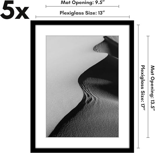 Americanflat 13x17 Picture Frame with Polished Plexiglass - Set of 5 - Use as 10x14 Frame with Mat or Display 13x17 Photo Without Mat - Galleria Collection - Picture Frames for Wall Display - Black