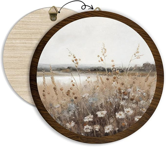 Vintage Floral Field Landscape Hanging Wall Art, Meadow Flowers Vintage Round Wooden Wall Decor, Flower Field Scene Western Boho Decorations for Apartment Home Living Room Bedroom Bathroom Office, 17