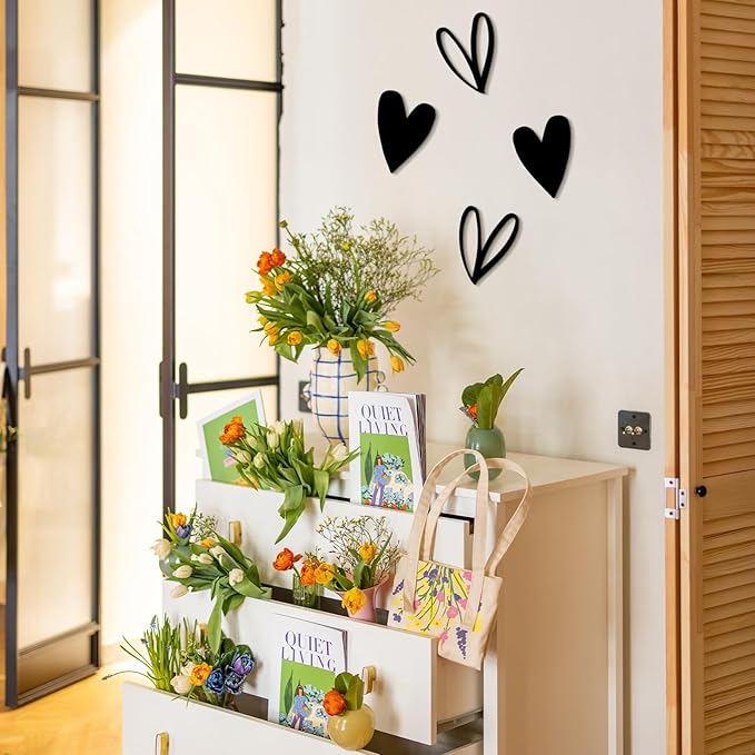 Vineland Metal Heart Wall Art Decor, Black Minimalist Wall Sculptures for Living Room Bedroom Bathroom Kitchen Decorations, Housewarming Valentine's Day Gifts, 5.9x7.8 Inches, Set of 2