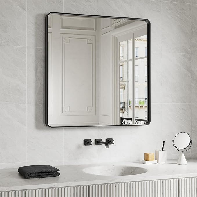 JISOSO Black Bathroom Mirror 38X38 Inch, Black Metal Framed Mirror for Wall, Rounded Rectangle Matte Bathroom Vanity Mirror with Tempered Glass, Anti-Rust, Horizontal/Vertical