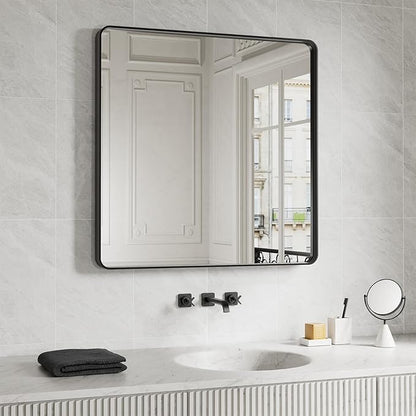 JISOSO Black Bathroom Mirror 38X38 Inch, Black Metal Framed Mirror for Wall, Rounded Rectangle Matte Bathroom Vanity Mirror with Tempered Glass, Anti-Rust, Horizontal/Vertical