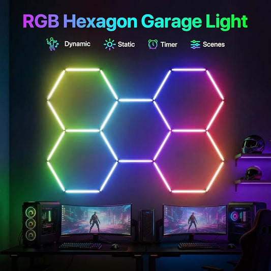 Glitgate RGB Hexagon Garage Lights, LED Hex Lights with App & Remote Control, DIY Modular Honeycomb Lighting System, Music Sync Dimmable Smart Ceiling Light Fixture for Gym, Shop, Gaming Room