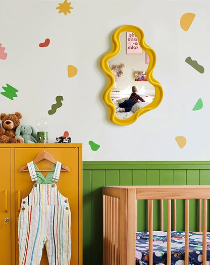 Trendy Bedroom Mirrors for Wall Decor, Soft Velvet Wall Mounted Cloud Mirror for Girl Teen Women Bedroom Decoration, Cute Hanging Sculpture Home Accent for Dining Room Kitchen (Yellow-Orange)