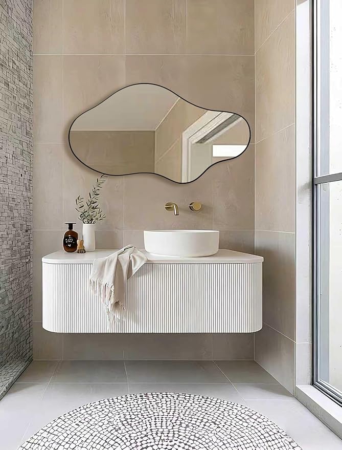 Irregular Asymmetrical Wall Mirror 20x35 Inches - Decorative Tempered Glass with Modern Aluminum Alloy Frame, Black Abstract Cloud Mirror for Bathroom, Bedroom, Living Room, Entryway, Cloakroom