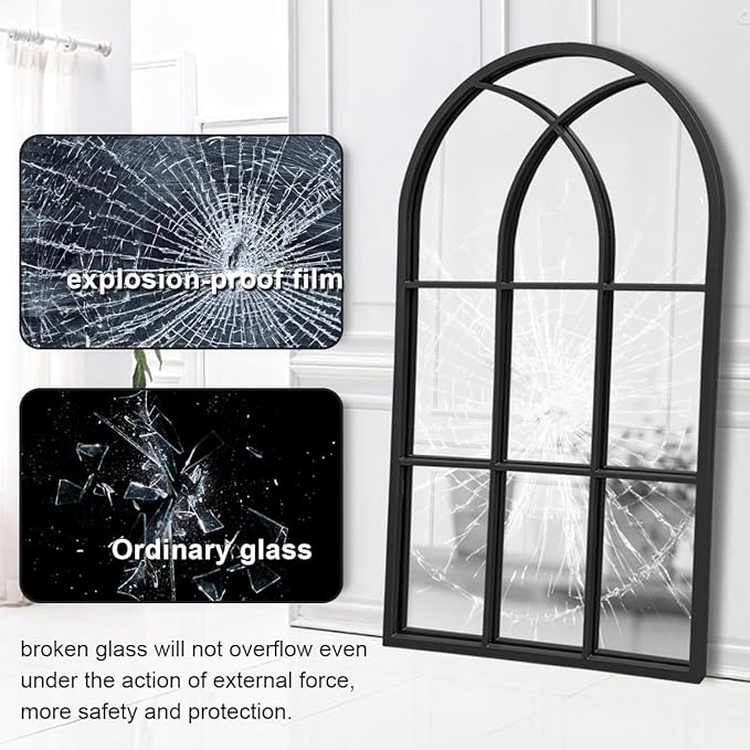 Dewfig Arched Window Wall Mirror, 42"x24", Decorative Mirror, Vanity Mirrors for Bathroom, Bedroom, Entryway, Living Room, Window Pane or Farmhouse Mirrors for Wall Decor, Metal Frame, Black