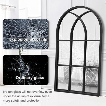 Dewfig Arched Window Wall Mirror, 42"x24", Decorative Mirror, Vanity Mirrors for Bathroom, Bedroom, Entryway, Living Room, Window Pane or Farmhouse Mirrors for Wall Decor, Metal Frame, Black