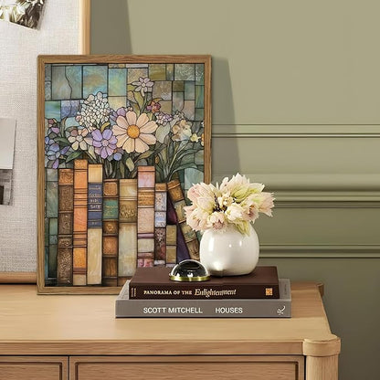 YYNISPIN Vintage Book Wildflower Wall Art Moody Stained Glass Book Lover Wall Decor Painting, Whimsical Reading Nook Library Poster Canvas Prints for Cottage Bedroom Living Room 16x24 inch Frame