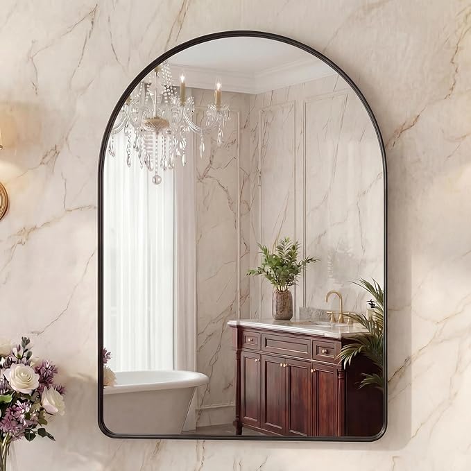 OLIXIS Arched Bathroom Mirror for Over Sink, 36x24 Inch Wall Mirror Arched Rounded Rectangle, Modern Wall Mount Vanity Mirror with Matte Metal Deep Framed, for Home Decor, Living Room, Black
