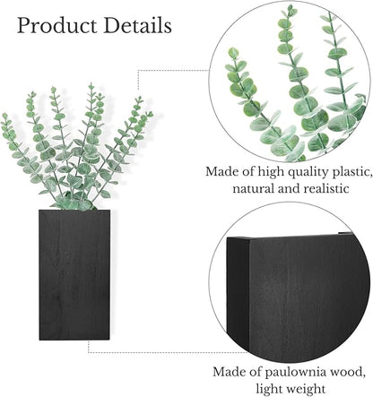 Dahey 2 Pack Wood Wall Planter Vase with Artificial Eucalyptus Farmhouse Wall Hanging Decor Pocket Planter for Indoor Fake Plants Greenery, Living Room Bedroom Kitchen Home Office Decoration, Black