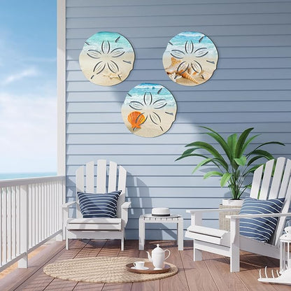 Tatuo 3 Pcs Summer Coastal Wall Decor Bathroom Beach Blue Wall Art Sea Turtle Surfboard Seahorse Starfish Seashell Conches Crabs Sea Life Decor for Bedroom Home (Sand Dollar Style)