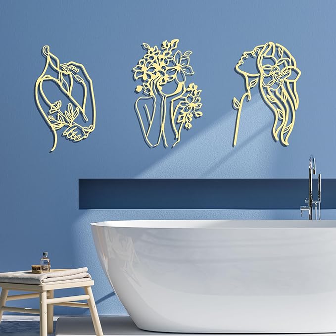 Photect 3 Pcs Metal Wall Art Decor Minimalist Abstract Woman Wall Art Metal Modern Line Drawing Decor Female Single Line Home Hanging for Bedroom Bathroom Living Room Housewarming(Romantic,Gold)