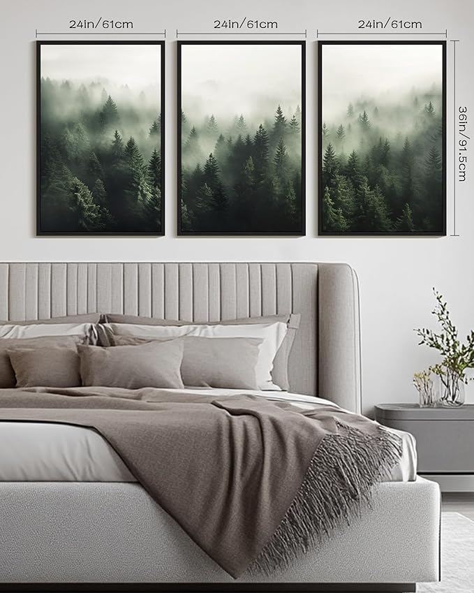 PHOPAGO Green Fog Pine Tree Framed Wall Art Huge 24x36in Nature Misty Nordic Forests Artwork Morden Paints for Living Room Bedroom Decor - Black Framed