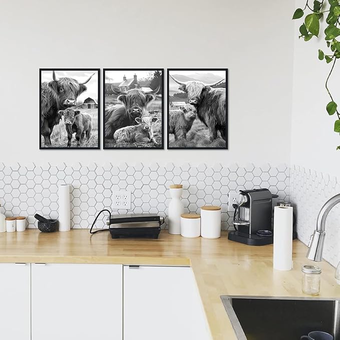 Western Cow 3 Piece Framed Wall Art for Living Room Vintage Black and White Farmhouse Canvas Poster Rustic Highland Cow Wall Decor for Kitchen Country House Decor Easy to Hand 12x16inchx3pcs