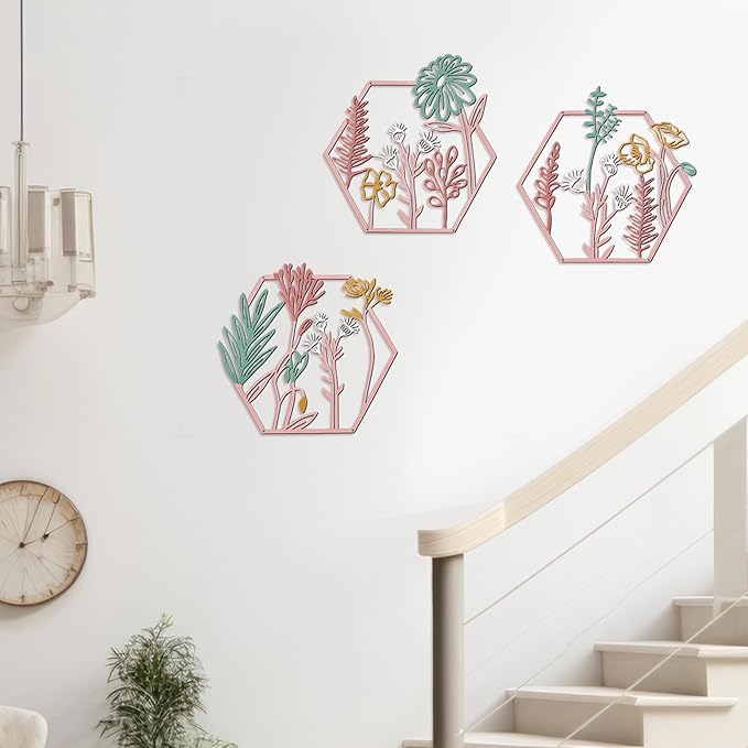 Peryiter 3 Pcs Metal Flower Wall Decor Minimalist Floral Wall Hanging Decor Metal Flower Rustic Floral Art for Spring Living Room Bathroom Kitchen Indoor Outdoor(Pink)