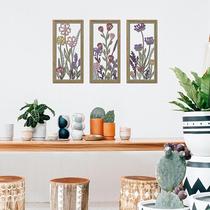 KAIRNE Neutral Floral Wooden Wall Art Set of 3,Framed Vintage Botanical Flower Decor,Minimalist Wildflower Wood Hanging Decor,Modern Farmhouse Decoration for Living Room Bedroom Office Kitchen,8X16 inch