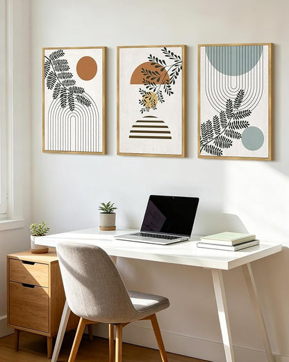 PHOPAGO Summer Boho Wall Art Large 16x24in Botanical Modern Framed Wall Prints Abstract Neutral Geometric Prints Bohemain Plants Decor for Farmhouse Home Office - Natural Framed