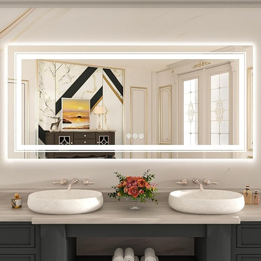 WTTY LED Bathroom Mirror 60"x28" with RGB Backlit and Front Light,Stepless Dimmable LED Mirror for Bathroom,Lighted Bathroom Vanity Mirror,Anti-Fog,Memory Function,Shatter-Proof,Wall Mounted