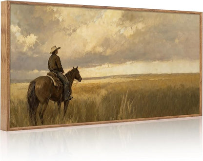 Aurlan Western Cowboy Framed Wall Art(40"x20"), Vintage Neutral Southwestern Horse Riding Canvas Artwork, Mid Century Modern Ranch Gobi Desert Landscape Decor for Man Cave Bedroom