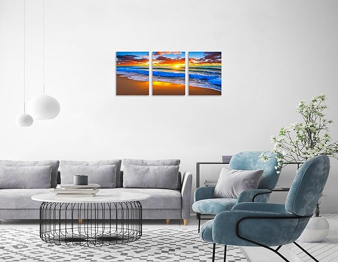 TutuBeer 3 Panels Beach Pictures Blue Sea White Beach at Sunrise Picture Print on Canvas Ocean Pictures Wall Decor Ocean Canvas Art Seascape Wall Art Stretched and Framed 12" x16" x 3