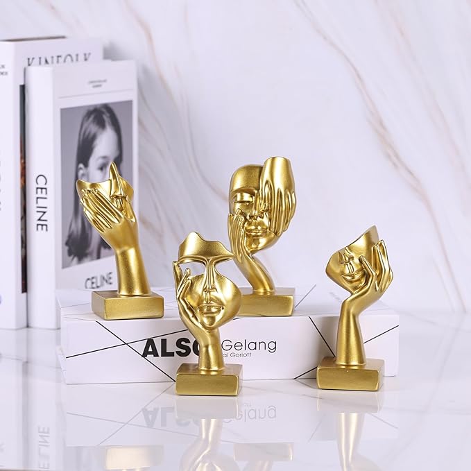 Gold Abstract Thinker Figurine Set of 4, Home Art Face Small Statue for Accents Decor Women Bedroom Shelf Bookcase Room Desk, TV Stand, Coffee Table Decor, Art Sculpture Gifts for Women (Gold)