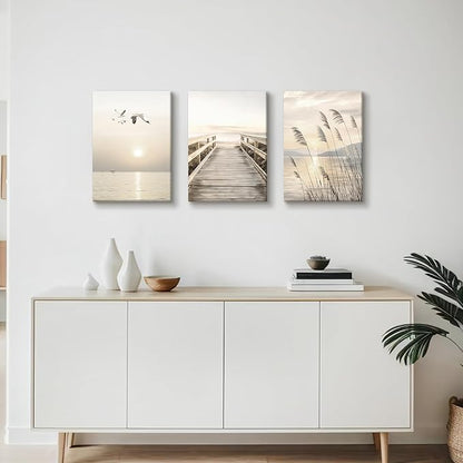 WENGTIAO 3Pcs Seascape Wall Art Beige Reeds Sunset Canvas Paintings Ocean Beach Scenic Prints Pictures Rustic Bridge Boardwalk Wall Decor Seagulls Artwork Posters for Living Room Bedroom 12”x16”x3