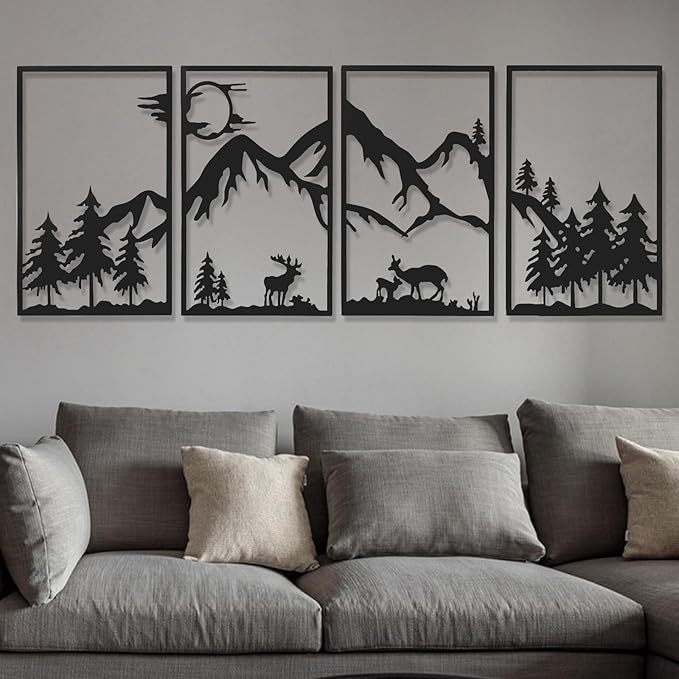 AMAATE Nordic Forest Deer Metal Wall Art Set of 4, Black Iron Animal Silhouette Wall Decor with Mountain and Pine Tree Designs, Minimalist Nature Themed Art for Living Room, Bedroom, Cabin Decor,17.7" X 26.4"