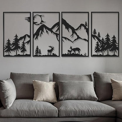 AMAATE Nordic Forest Deer Metal Wall Art Set of 4, Black Iron Animal Silhouette Wall Decor with Mountain and Pine Tree Designs, Minimalist Nature Themed Art for Living Room, Bedroom, Cabin Decor,17.7" X 26.4"